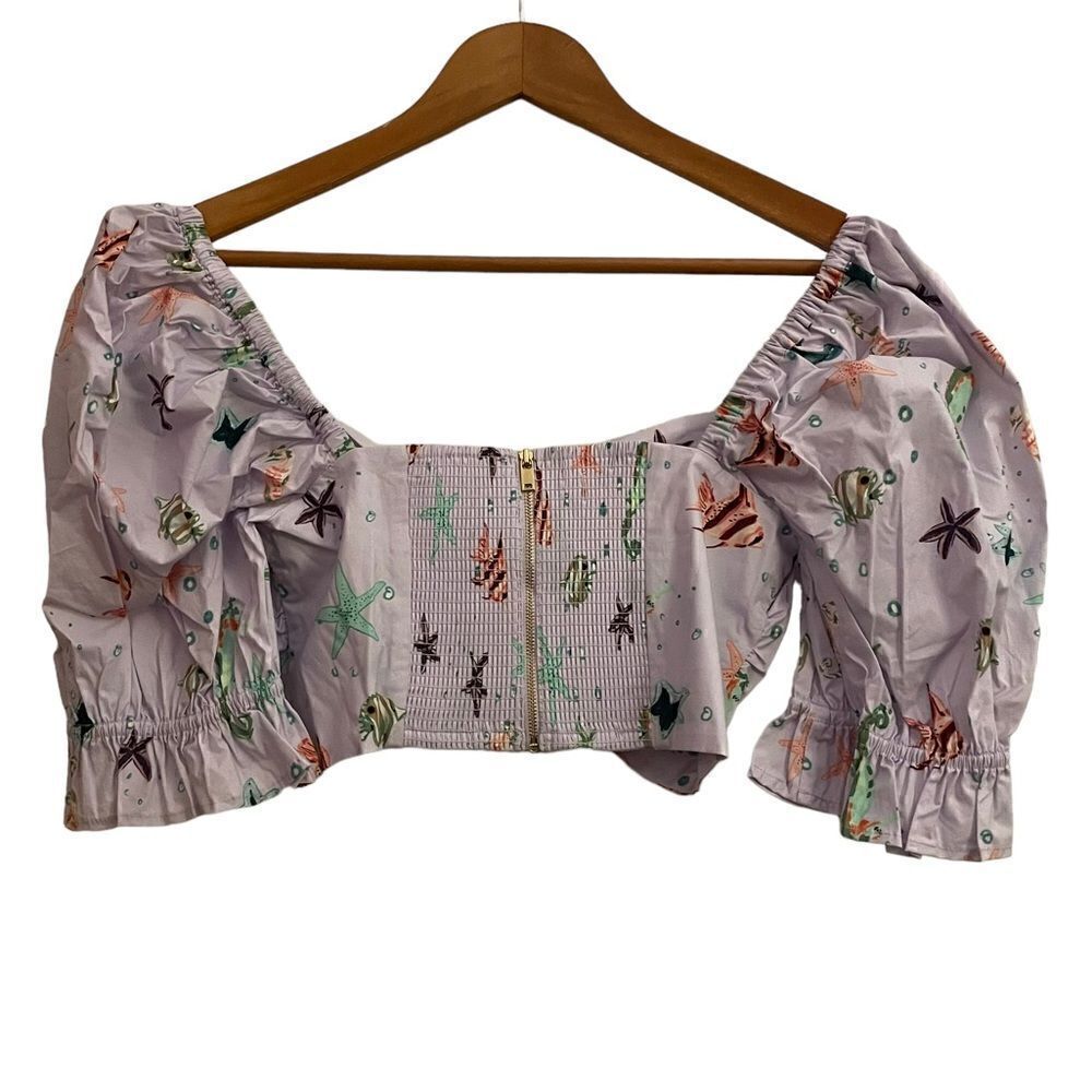 Hill House NWT Isabella Sea Creature Smocked Ballon Sleeve Crop Top Medium - Picture 3 of 8